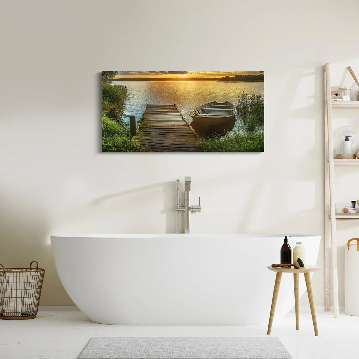 jejeloiu Lake Large Canvas Wall Art for Living Room Bedroom 38" x 19" Kids Boat Sunset Picture Wall Decor for Home Bathroom Boys Girls Lakeside Fishing Office Artwork Posters Natural Scenery Painting