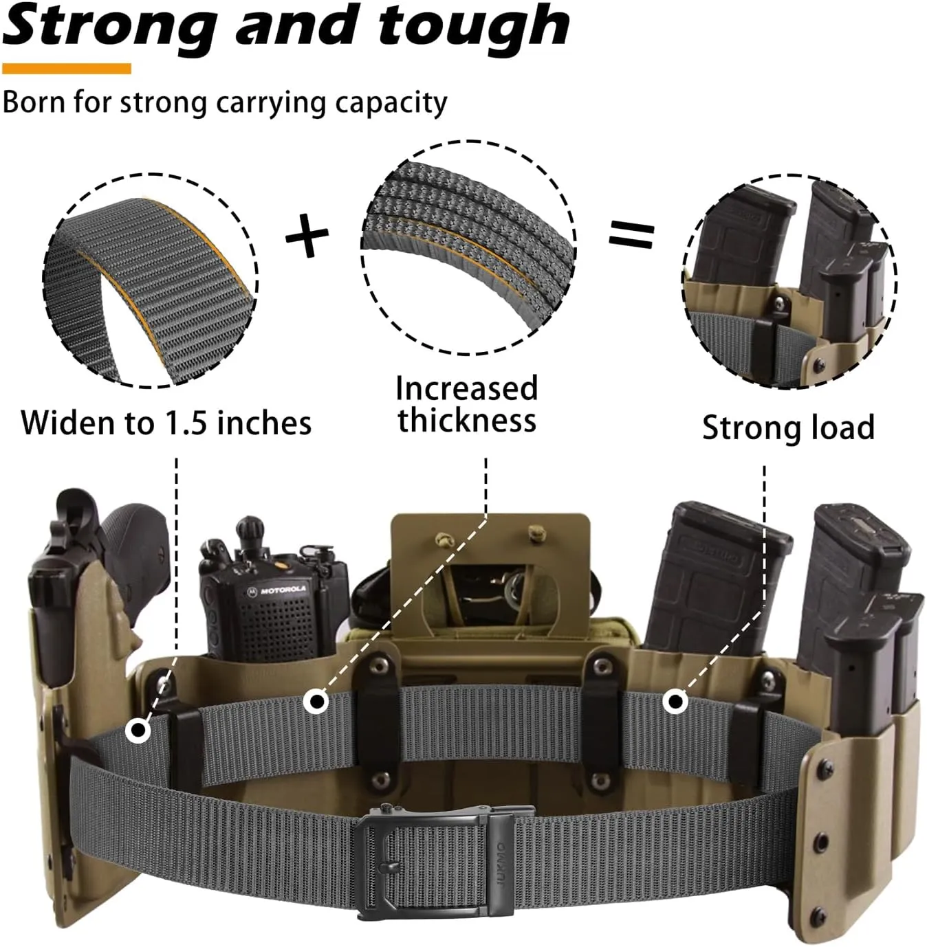 JUKMO Men's Ratchet Tactical Gun Belt, 1.5" Nylon Web Work Belt with Automatic Slide Buckle, Adjustable Trim to Fit