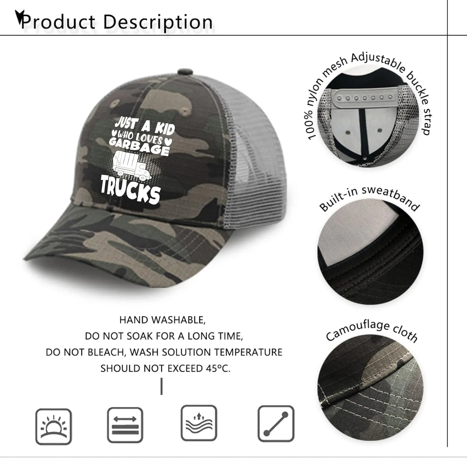 Just A Kid Who Loves Garbage Trucks Golf Hat Woman Hat AllBlack Custom Hat Gifts for Son Hiking Caps