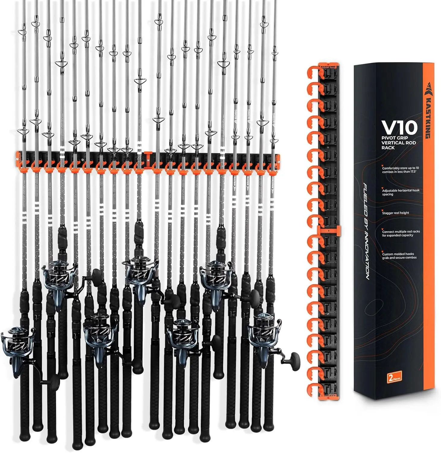 KastKing V10 Pivot Grip Fishing Rod Holder–Adjustable, Space-Saving Wall-Mounted Rod Holder, 10 Polymer-Coated Steel Hooks, Expandable Storage System, Holds 10 Rod & Reel Combos, 2 Packs