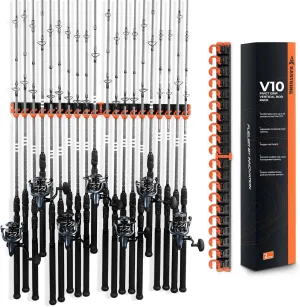 KastKing V10 Pivot Grip Fishing Rod Holder–Adjustable, Space-Saving Wall-Mounted Rod Holder, 10 Polymer-Coated Steel Hooks, Expandable Storage System, Holds 10 Rod & Reel Combos, 2 Packs