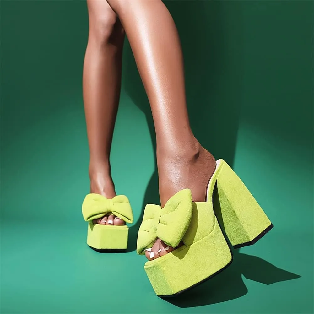 keleimusi Towel Bow Platform Slide Sandals Block Heeled Mules for Women