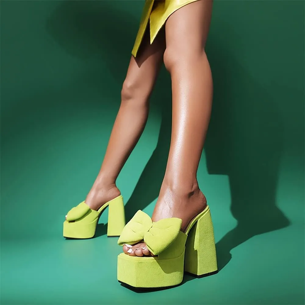 keleimusi Towel Bow Platform Slide Sandals Block Heeled Mules for Women