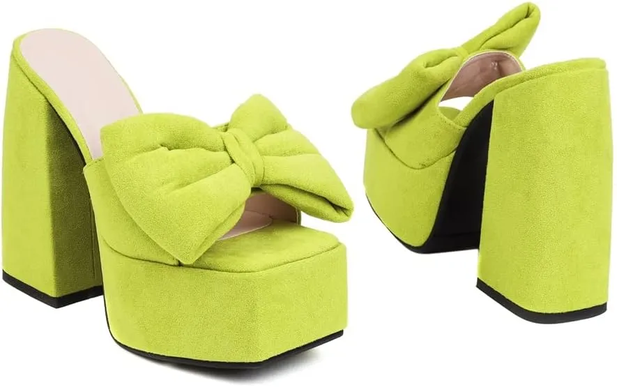 keleimusi Towel Bow Platform Slide Sandals Block Heeled Mules for Women