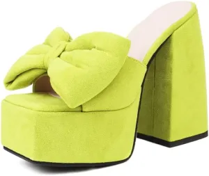 keleimusi Towel Bow Platform Slide Sandals Block Heeled Mules for Women