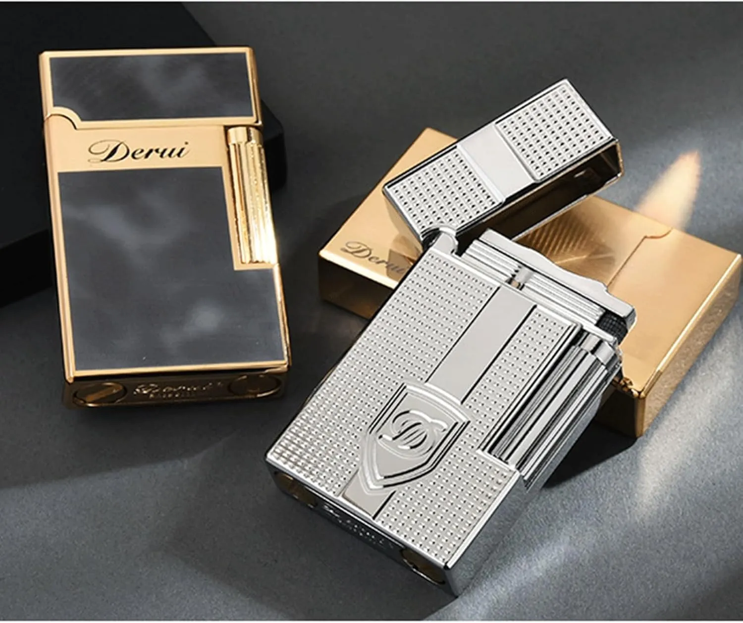 Kerosene Lighter with Gift Box Match Flints and Gasket, Side Slip Wheel Ignition ，Adjustable Flame ，Lighter Accessories Set Unique Birthday Gifts (Color : Black Plaid)