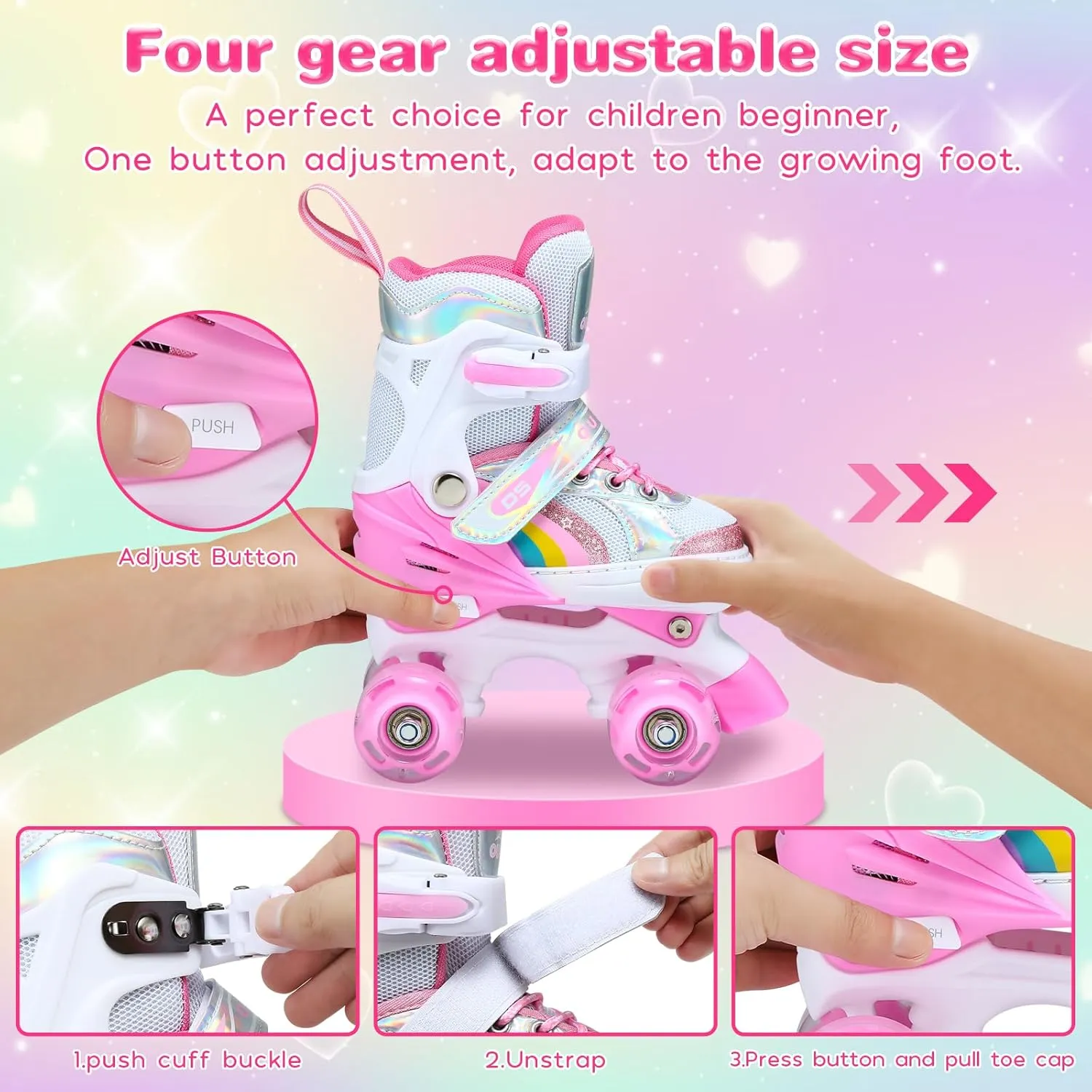 Kids Roller Skates for Ages 5-8/8-12/6-12, 4 Size Adjustable Rainbow Girls Roller Skates with Light Up Wheels, Toddler Roller Skates for Girls Boys, Beginner Kids Roller Skates Indoor Outdoor
