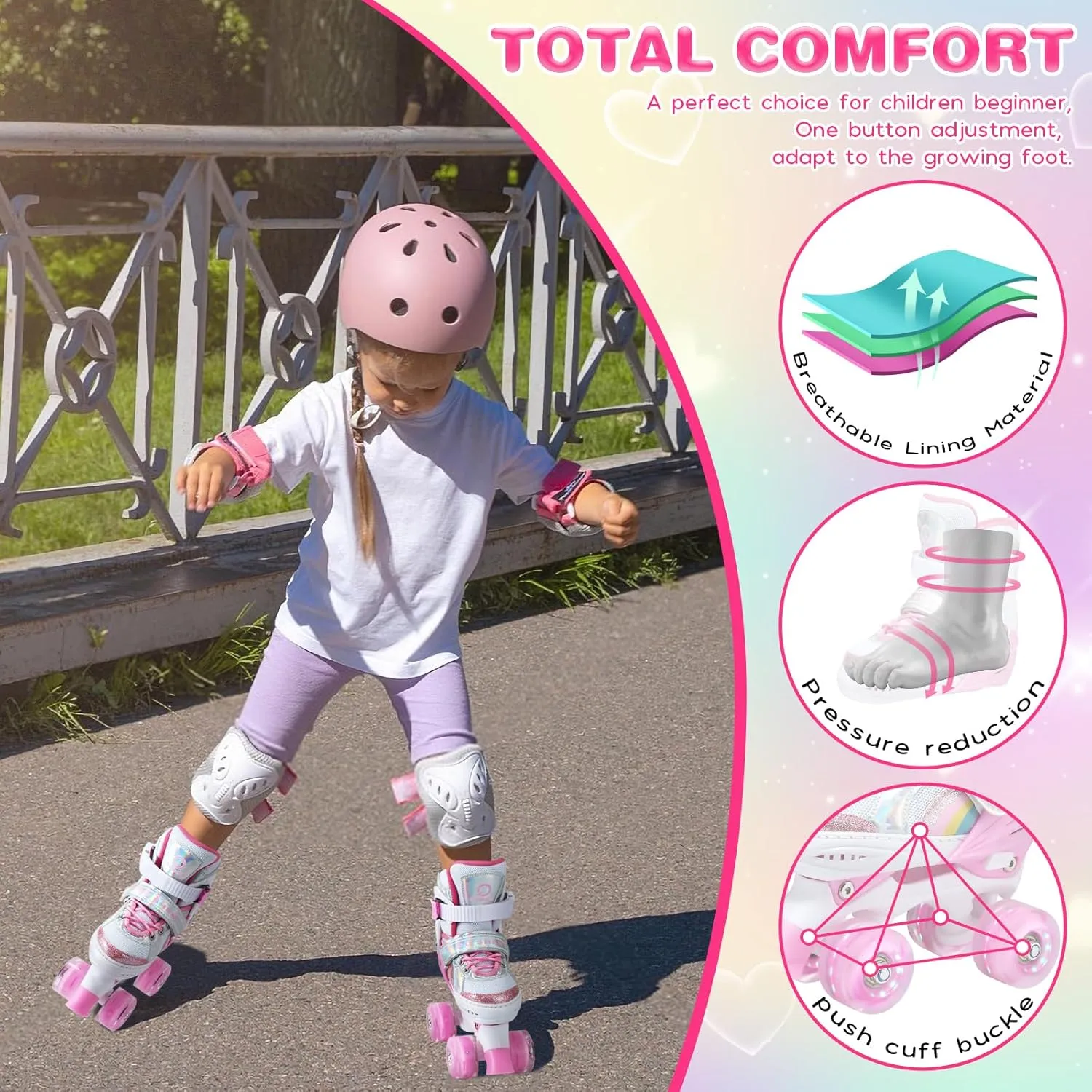 Kids Roller Skates for Ages 5-8/8-12/6-12, 4 Size Adjustable Rainbow Girls Roller Skates with Light Up Wheels, Toddler Roller Skates for Girls Boys, Beginner Kids Roller Skates Indoor Outdoor