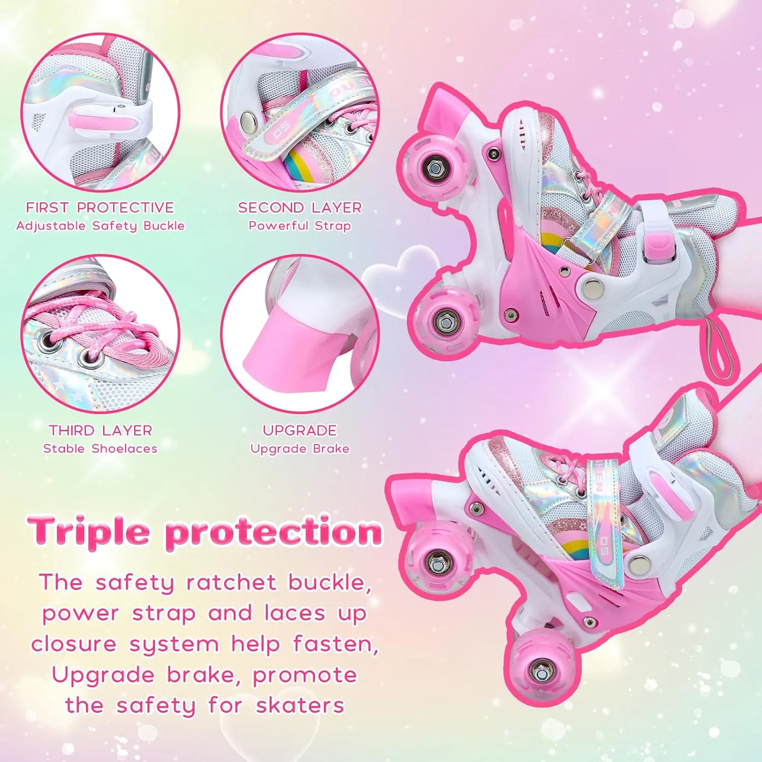 Kids Roller Skates for Ages 5-8/8-12/6-12, 4 Size Adjustable Rainbow Girls Roller Skates with Light Up Wheels, Toddler Roller Skates for Girls Boys, Beginner Kids Roller Skates Indoor Outdoor