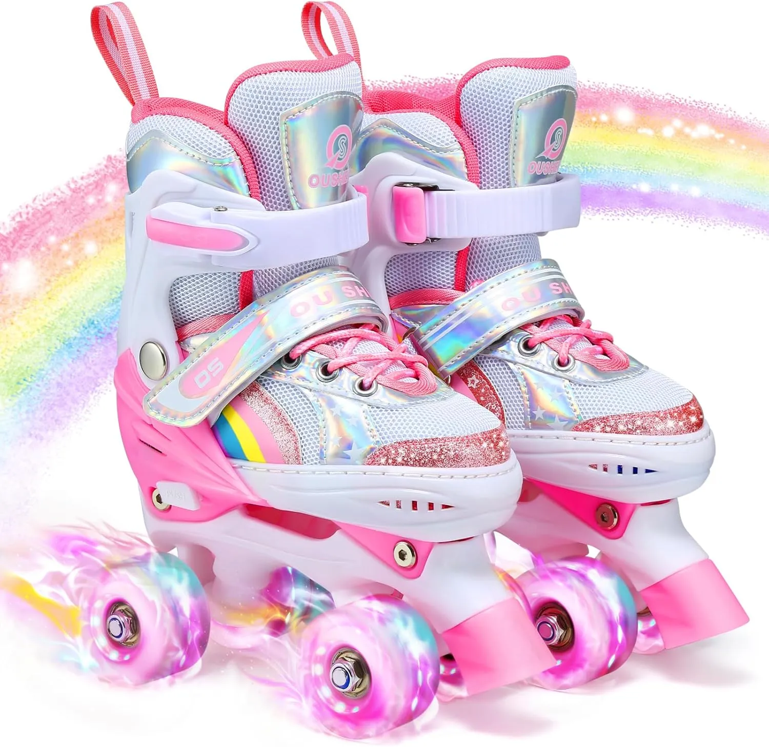 Kids Roller Skates for Ages 5-8/8-12/6-12, 4 Size Adjustable Rainbow Girls Roller Skates with Light Up Wheels, Toddler Roller Skates for Girls Boys, Beginner Kids Roller Skates Indoor Outdoor