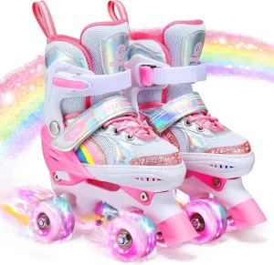 Kids Roller Skates for Ages 5-8/8-12/6-12, 4 Size Adjustable Rainbow Girls Roller Skates with Light Up Wheels, Toddler Roller Skates for Girls Boys, Beginner Kids Roller Skates Indoor Outdoor