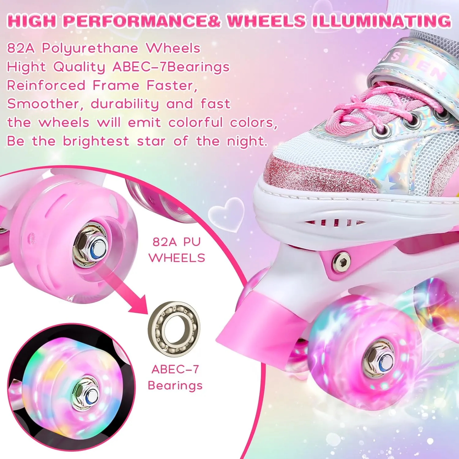 Kids Roller Skates for Ages 5-8/8-12/6-12, 4 Size Adjustable Rainbow Girls Roller Skates with Light Up Wheels, Toddler Roller Skates for Girls Boys, Beginner Kids Roller Skates Indoor Outdoor