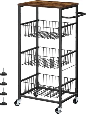Kitchen Storage Cart on Wheels 4 Tier Utility Rolling Cart with Baskets Farmhouse Serving Cart with Handle Mesh Basket Pantry Cart Rack with Wooden Tabletop for Pantry Bathroom Office, Brown