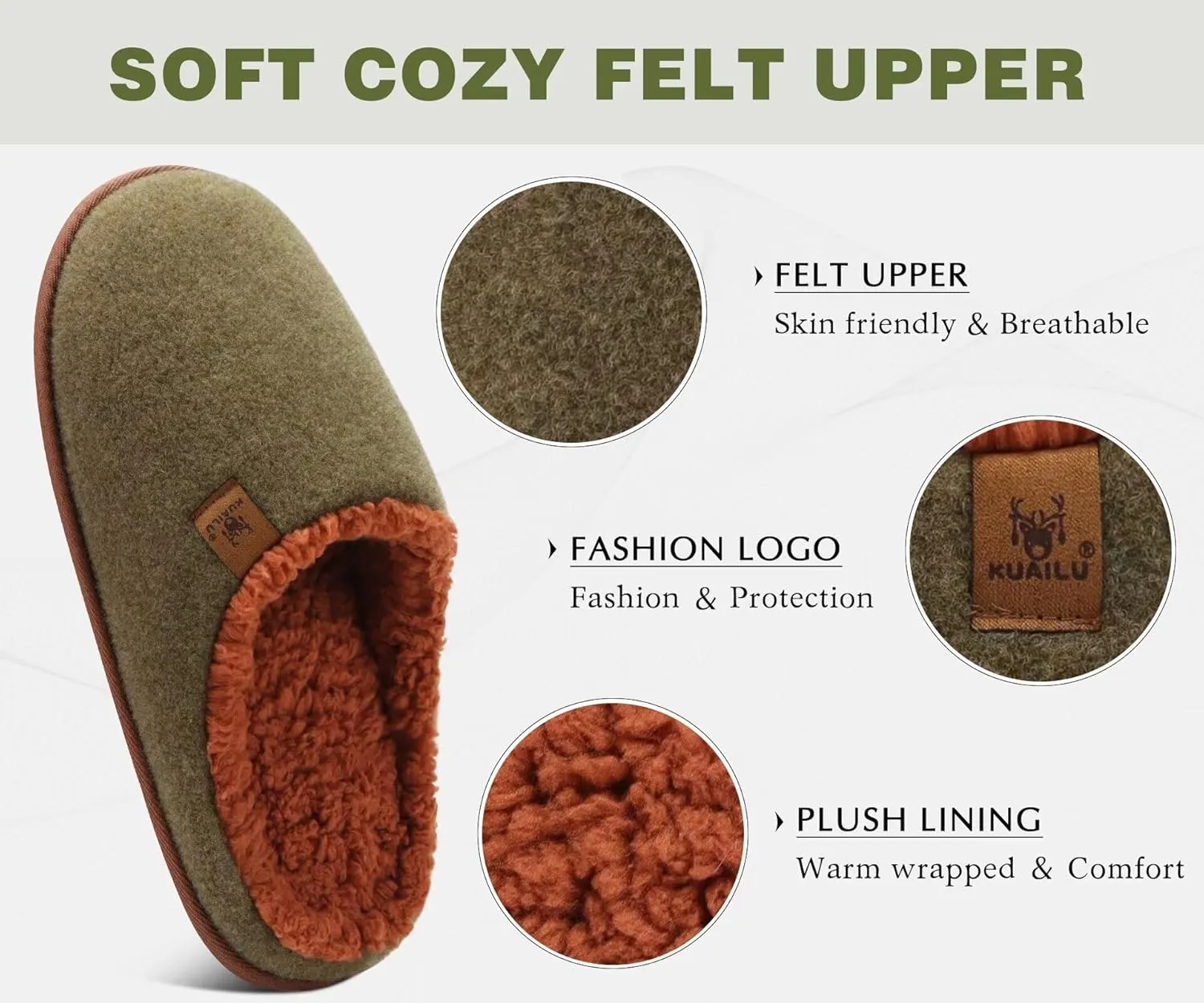 KuaiLu Mens House Memory Foam Slippers with Comfy Warm Plush Lining Felt Slip On Casual Pantuflas Mans Comfortable Bedroom Shoes Rubber Sole for Indoor&Outdoor (Mens Size 7-15)