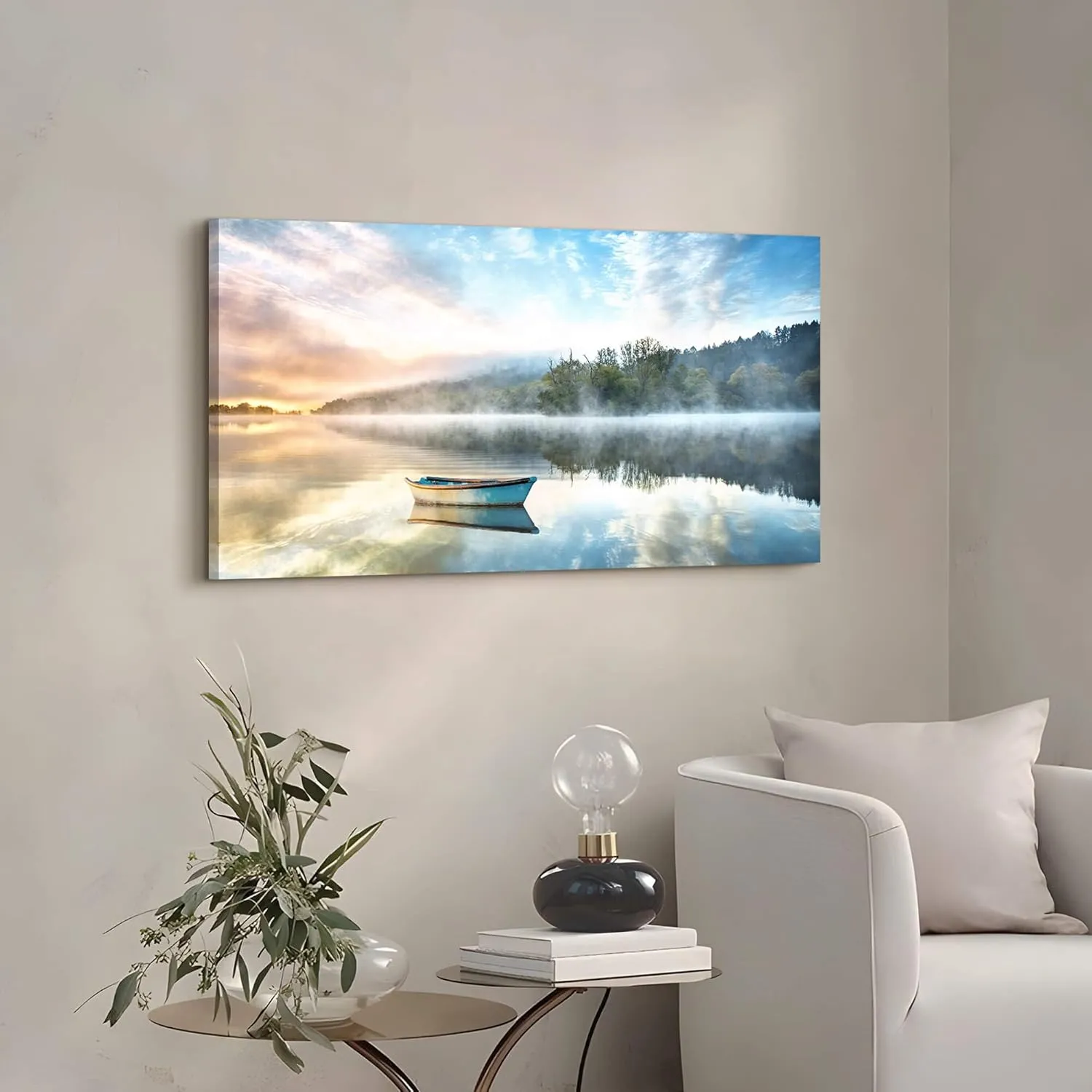 Lake Landscape Wall Art Canvas: Modern Nature Picture Painting Relaxing Boat Scene Photography Sunrise Print Artwork Decor for Bedroom Living Room