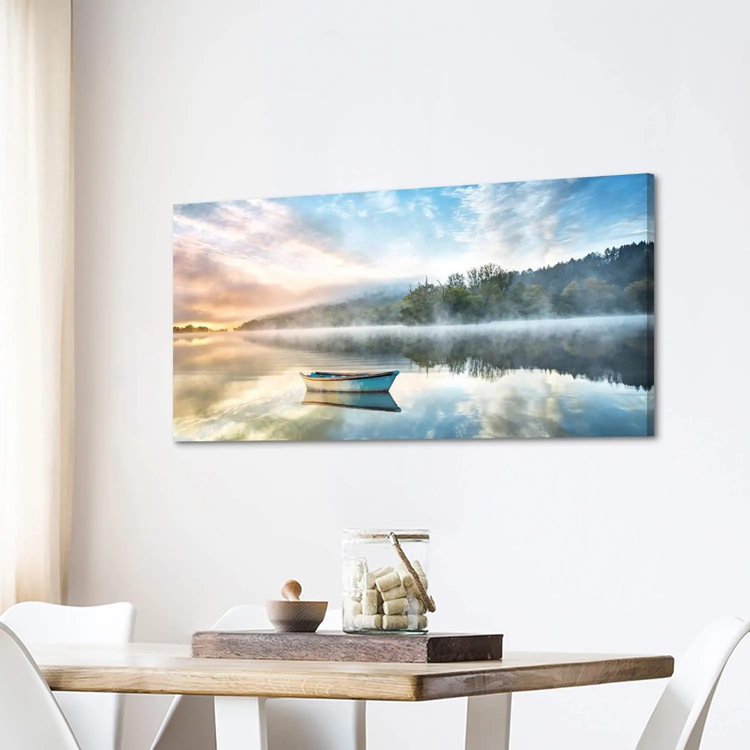 Lake Landscape Wall Art Canvas: Modern Nature Picture Painting Relaxing Boat Scene Photography Sunrise Print Artwork Decor for Bedroom Living Room