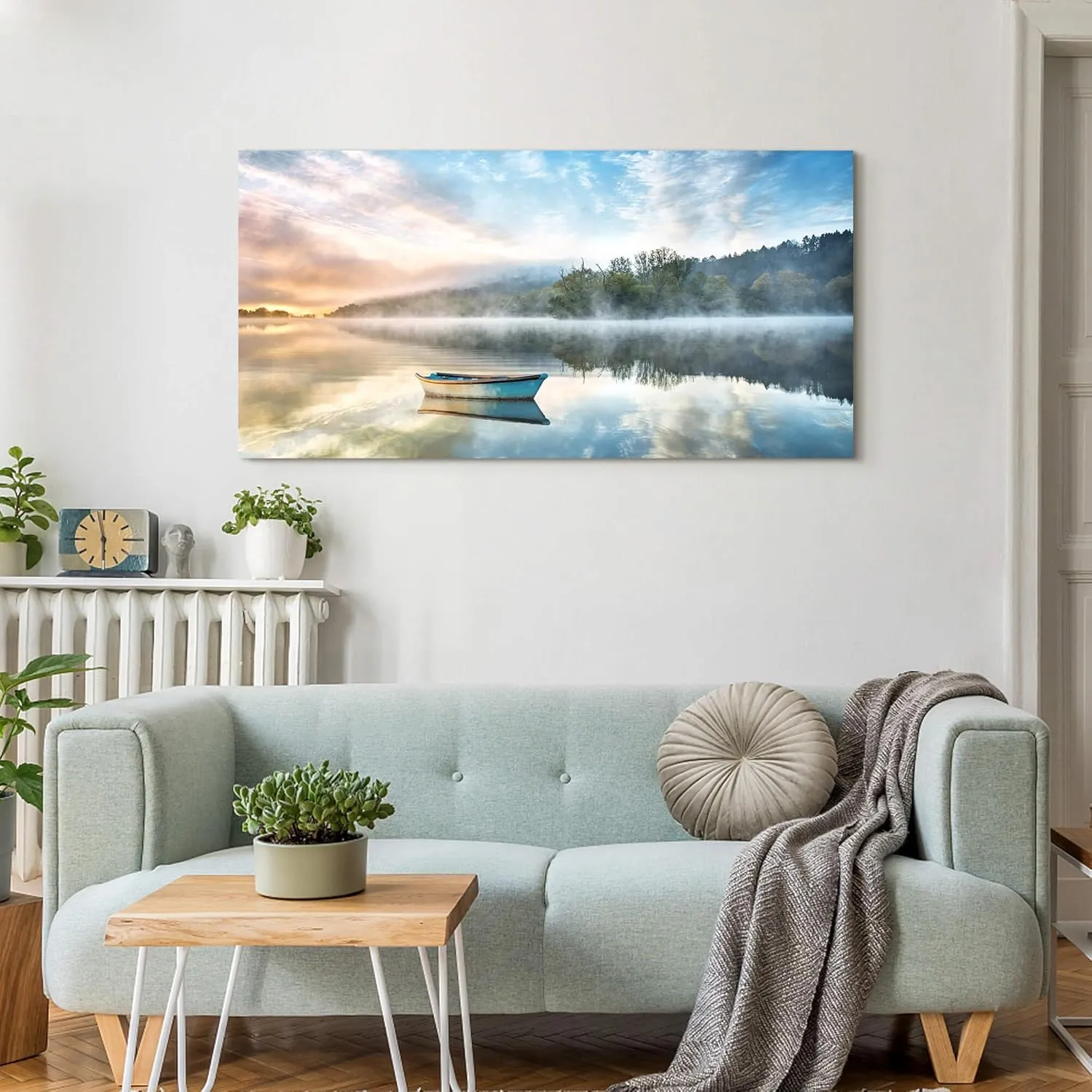 Lake Landscape Wall Art Canvas: Modern Nature Picture Painting Relaxing Boat Scene Photography Sunrise Print Artwork Decor for Bedroom Living Room