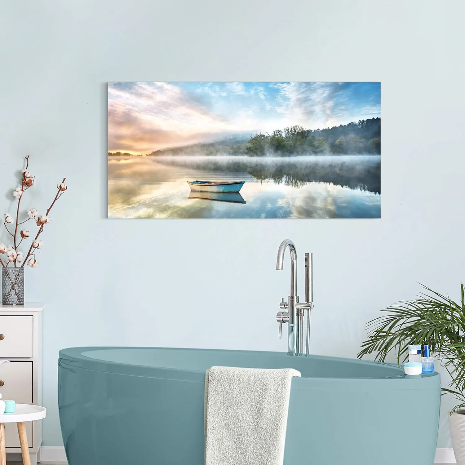 Lake Landscape Wall Art Canvas: Modern Nature Picture Painting Relaxing Boat Scene Photography Sunrise Print Artwork Decor for Bedroom Living Room
