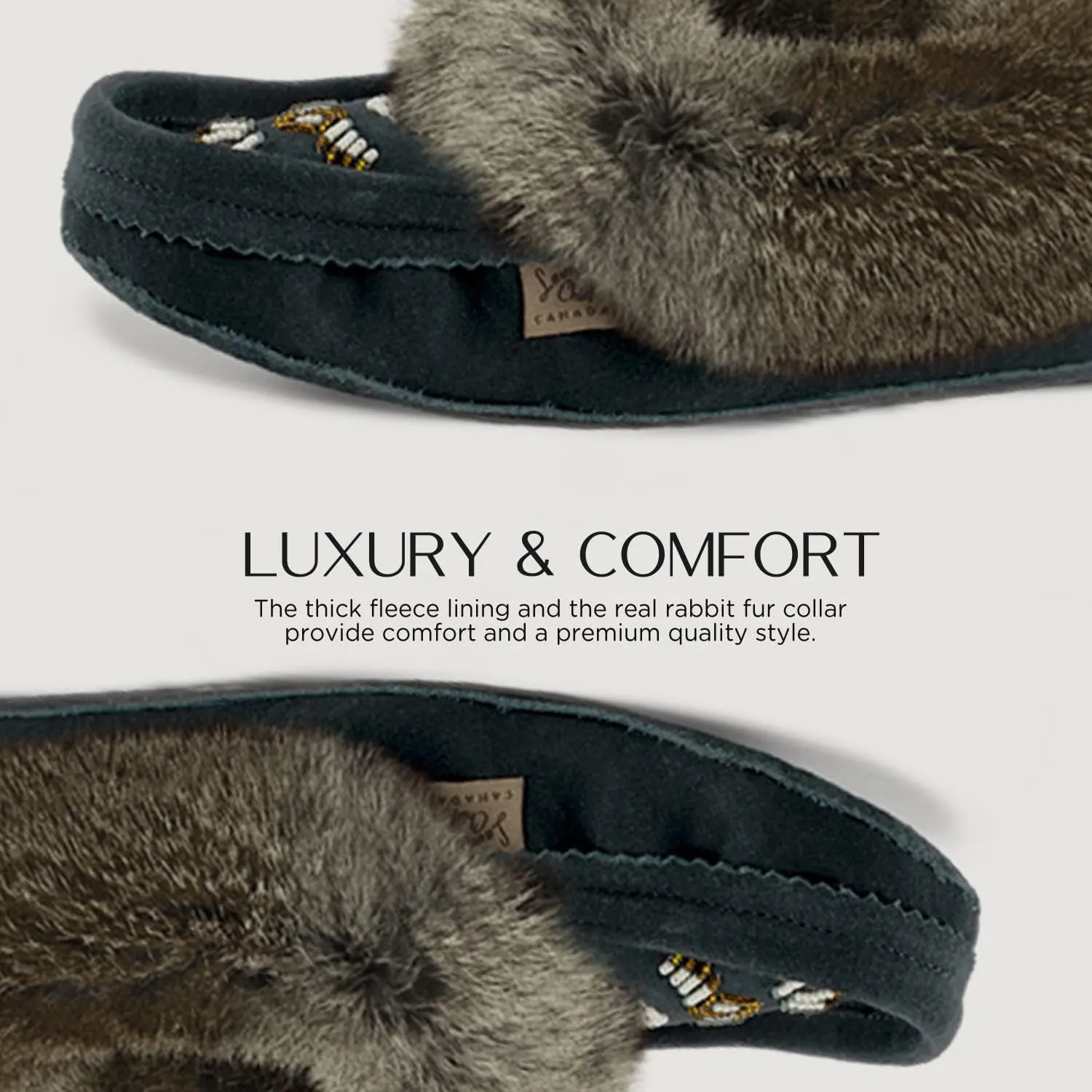Laurentian Chief Moccasin Slippers for Women – Ladies Comfortable Slippers with Real Rabbit Fur Trim and Soft Faux Lining – Canada Quality Beaded Style Warmie Shoes for House Indoor