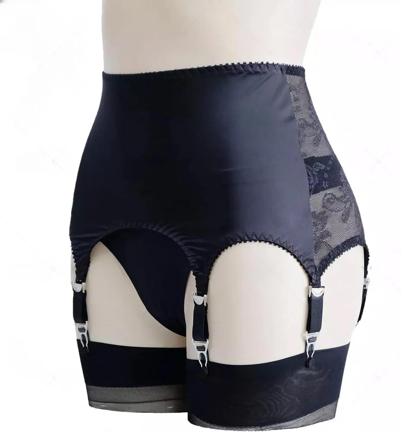LESOYA Women's Oil Shiny Girdle Back with Lace Sheer Satin Suspender Garter Belt with 6 Adjustable Straps Metal Clips