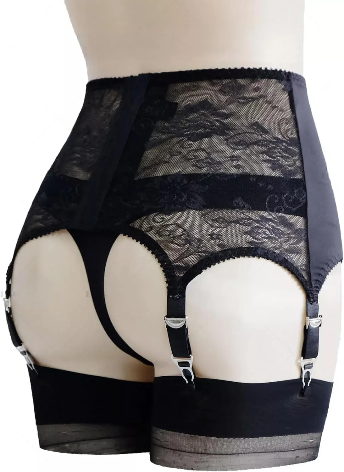 LESOYA Women's Oil Shiny Girdle Back with Lace Sheer Satin Suspender Garter Belt with 6 Adjustable Straps Metal Clips