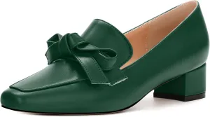 Loafers with Heels for Womens Bowknot Chunky Low Heels, Women's Pumps Closed Square Toe Slip On Dress Shoes