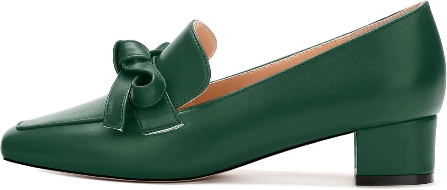 Loafers with Heels for Womens Bowknot Chunky Low Heels, Women's Pumps Closed Square Toe Slip On Dress Shoes