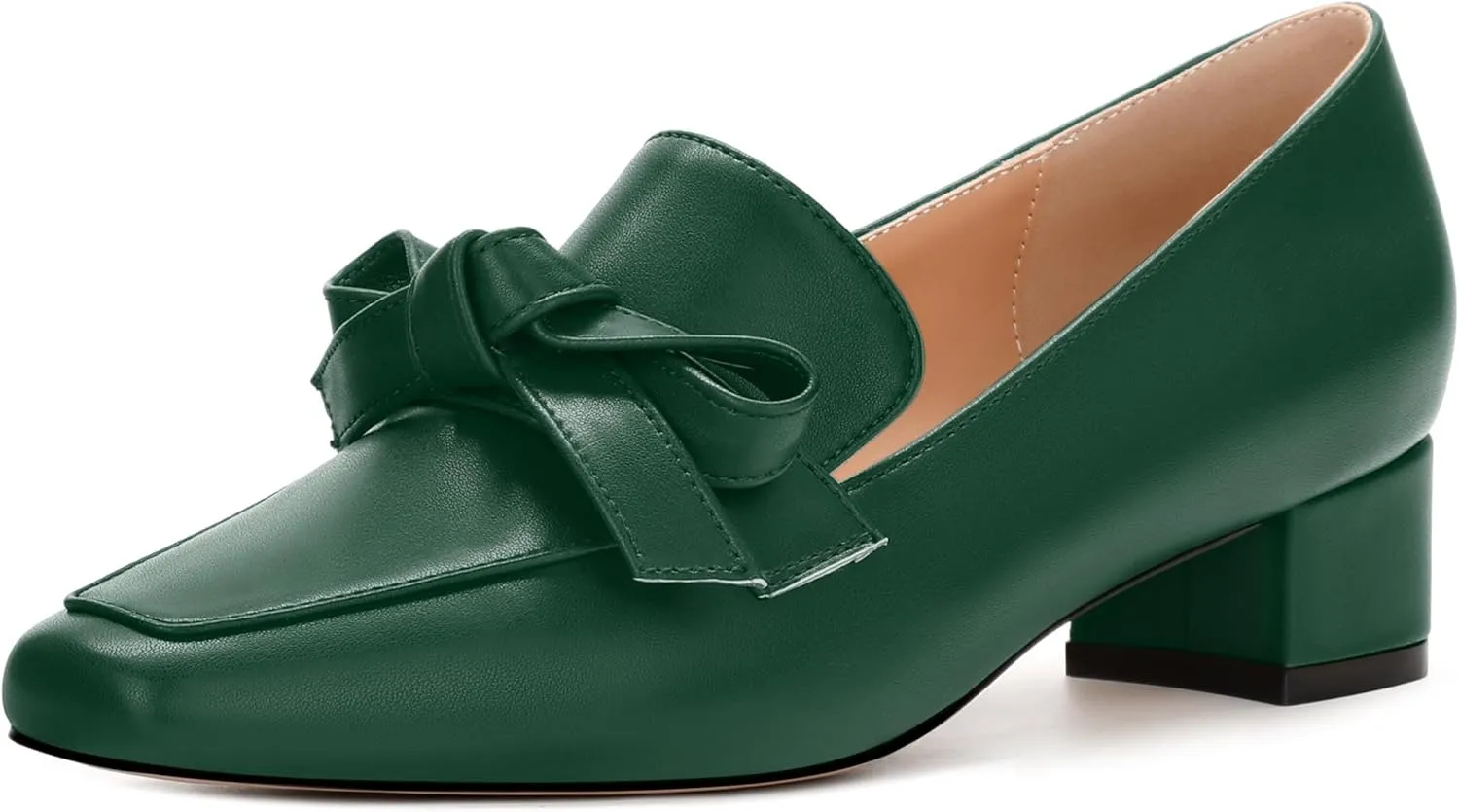 Loafers with Heels for Womens Bowknot Chunky Low Heels, Women's Pumps Closed Square Toe Slip On Dress Shoes