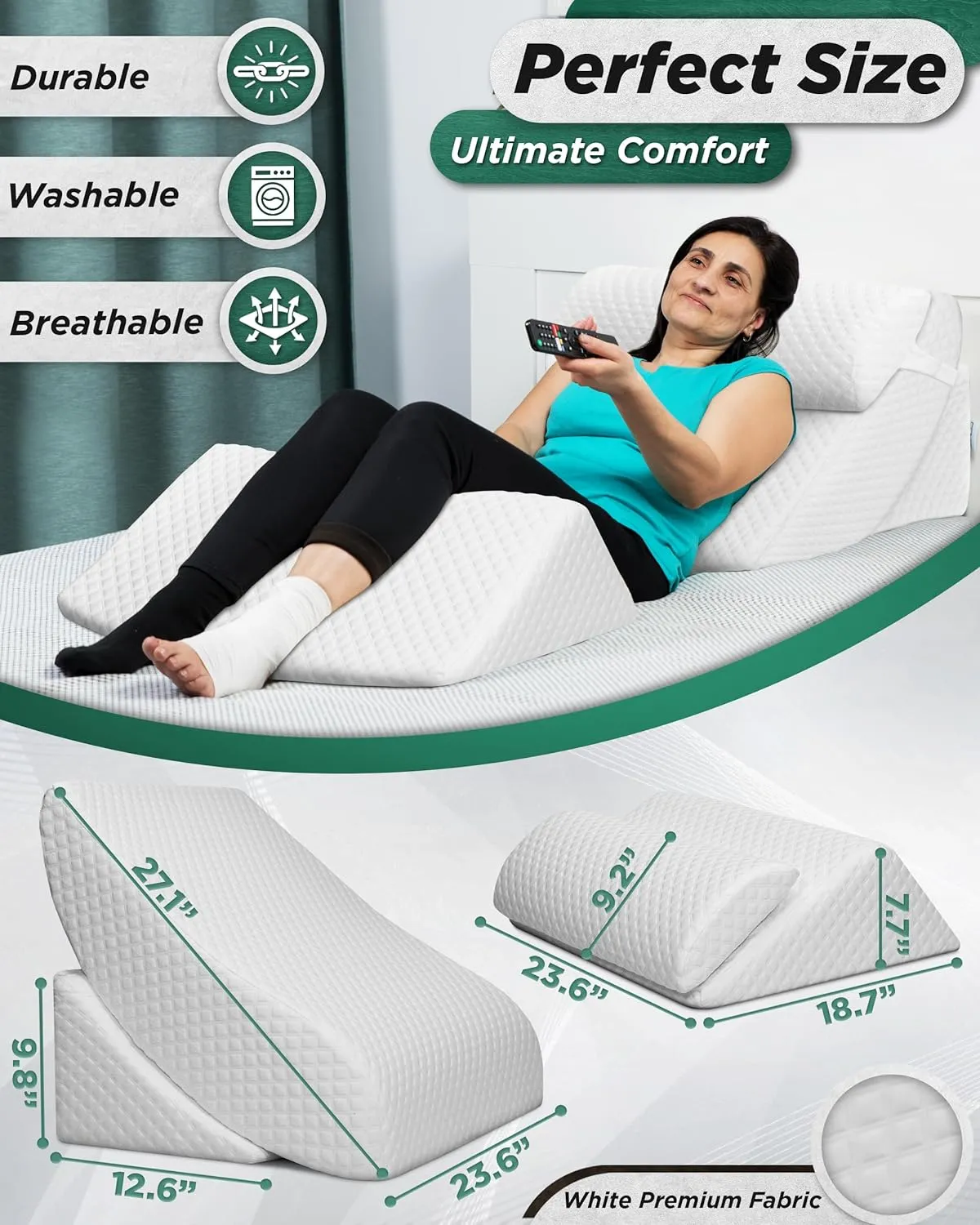 Lunix 4pcs Orthopedic Bed Wedge Pillow Set, Post Surgery Memory Foam for Back, Knee, Leg Pain Relief, Adjustable Sitting Pillow for Sleeping, Acid Reflux, GERD, with Hot Cold Pack, White