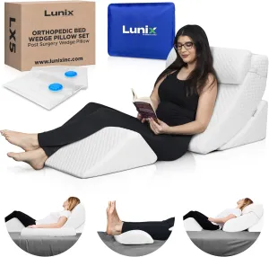 Lunix 4pcs Orthopedic Bed Wedge Pillow Set, Post Surgery Memory Foam for Back, Knee, Leg Pain Relief, Adjustable Sitting Pillow for Sleeping, Acid Reflux, GERD, with Hot Cold Pack, White