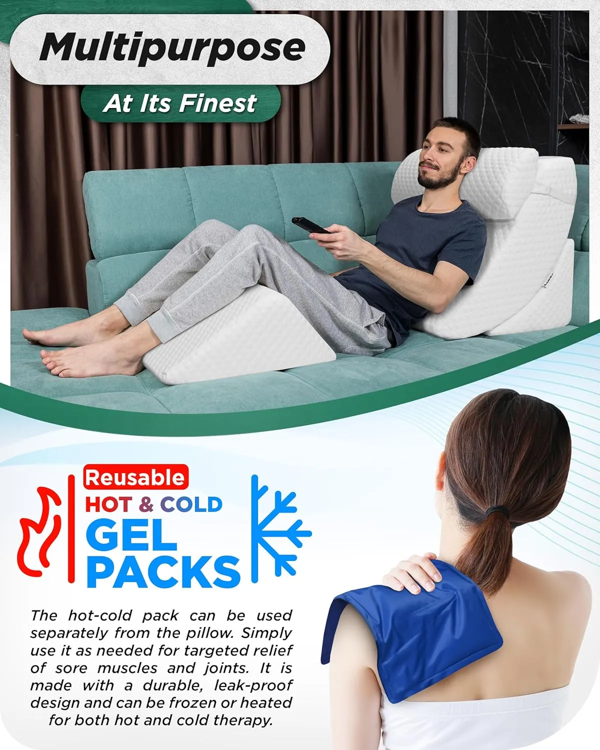 Lunix 4pcs Orthopedic Bed Wedge Pillow Set, Post Surgery Memory Foam for Back, Knee, Leg Pain Relief, Adjustable Sitting Pillow for Sleeping, Acid Reflux, GERD, with Hot Cold Pack, White
