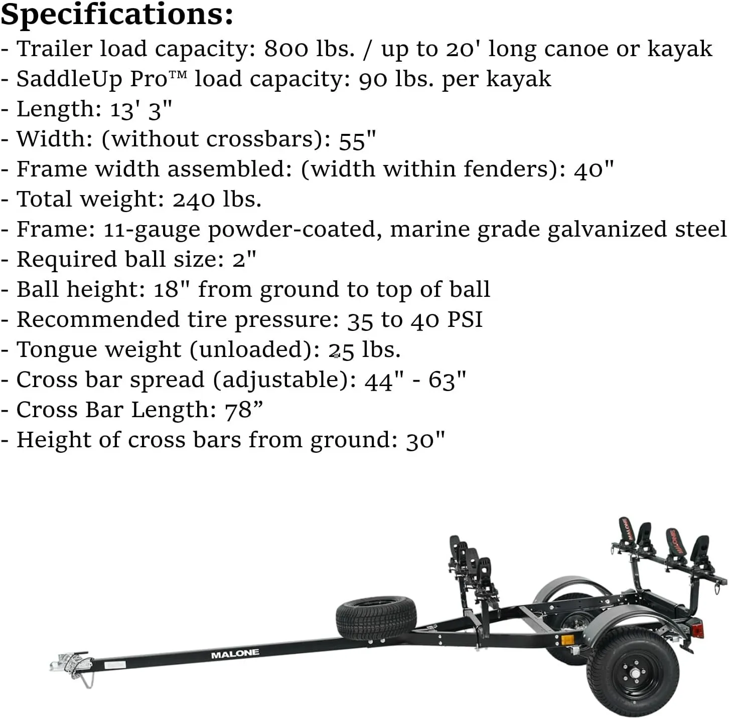 Malone MPG441GU-BLK MicroSport Off-Road 2 Kayak Trailer with 2 SaddleUp Pro Kayak Carriers & Spare Tire | 20' / 800 lbs Load Capacity | Fully Submersible | Black Powder Coat Finish