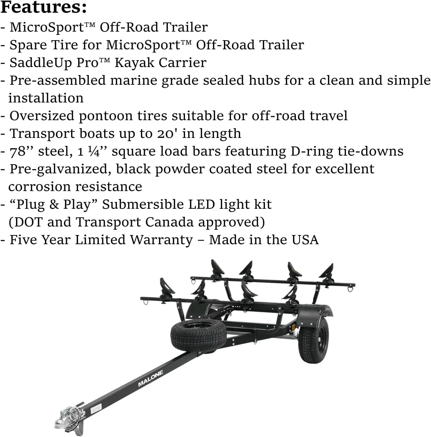 Malone MPG441GU-BLK MicroSport Off-Road 2 Kayak Trailer with 2 SaddleUp Pro Kayak Carriers & Spare Tire | 20' / 800 lbs Load Capacity | Fully Submersible | Black Powder Coat Finish
