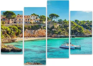 Mediterranean Sea Spain idyllic bay boat coast Porto Cristo Majorca Canvas Prints Wall Decor 4 Pieces Contemporary Framed Artworks for Living Room Bedroom Bathroom Office Home Decoration Gifts