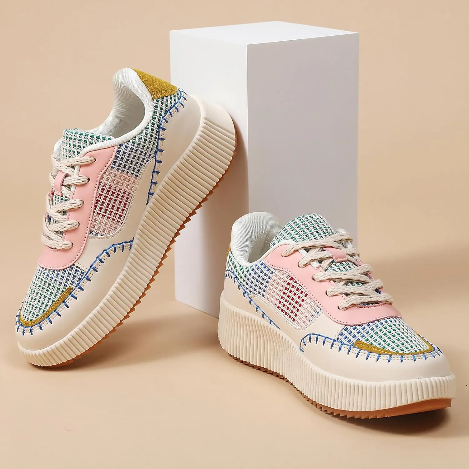 Meidiastra Women's Platform Fashion Sneakers Casual Chunky Low Top City Walking Shoes Lace UP Dolen Sneaker 2024 Orthopedic Walking Shoes with Plantar Fasciitis