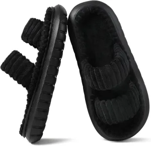 Menore Slippers for Women Crossbands House Bedroom Slides Linen Open Toe Cozy Corduroy Fuzzy Slide Sandals Indoor Outdoor Four Seasons