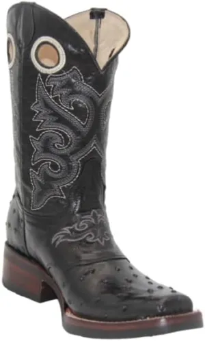 Men’s Leather Ostrich Print Black Square Toe Western Boot