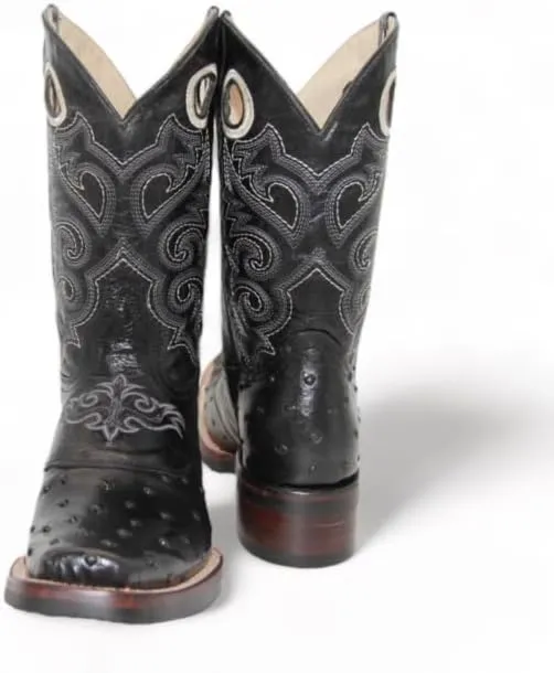 Men’s Leather Ostrich Print Black Square Toe Western Boot
