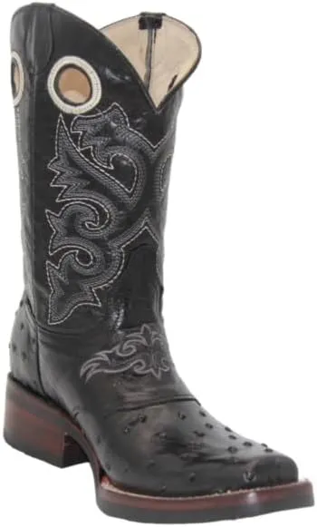 Men’s Leather Ostrich Print Black Square Toe Western Boot