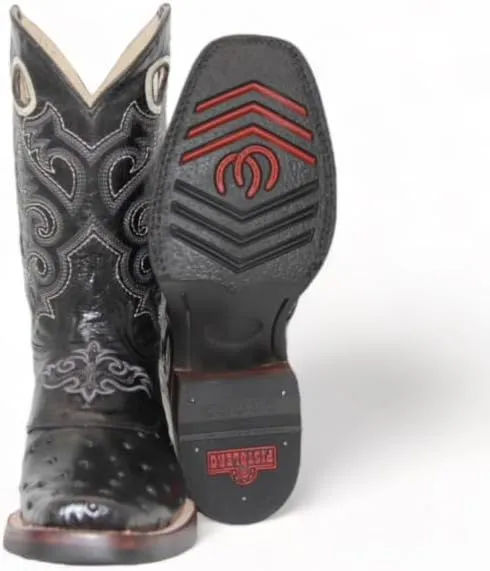 Men’s Leather Ostrich Print Black Square Toe Western Boot