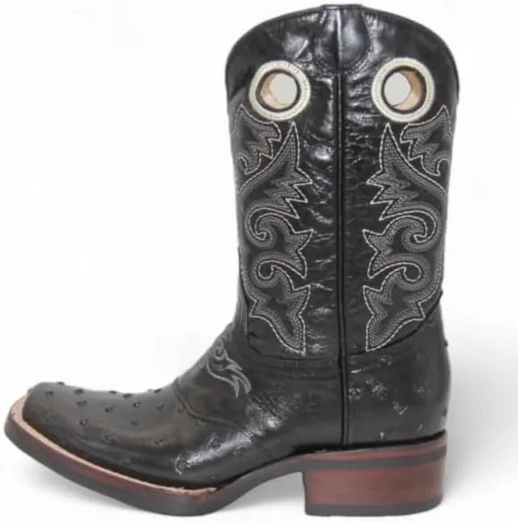 Men’s Leather Ostrich Print Black Square Toe Western Boot