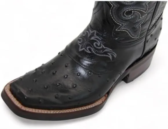 Men’s Leather Ostrich Print Black Square Toe Western Boot