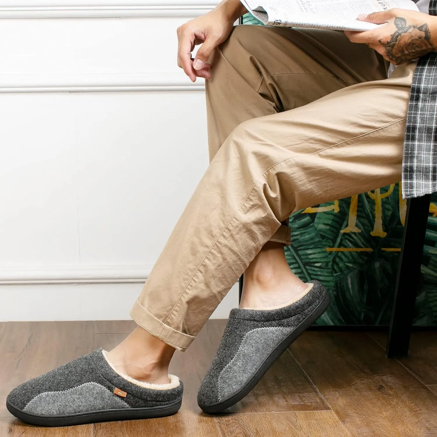 Mens Moccasin Slippers Cozy Memory Foam Fuzzy Plush Lined Slip on Adjustable Tongue House Shoes Indoor Outdoor