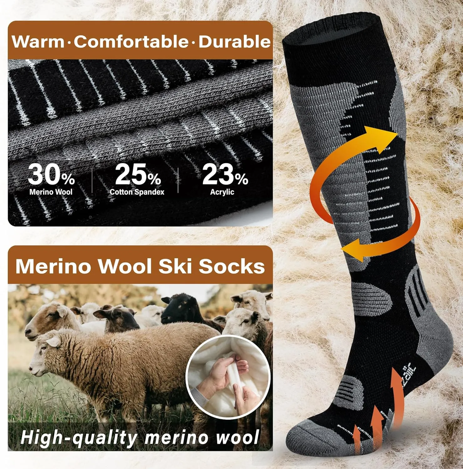Merino Wool Ski Socks Mens Womens 2 Pairs for Skiing, Snowboarding, Thermal Knee High Winter Warm Sports Performance Socks