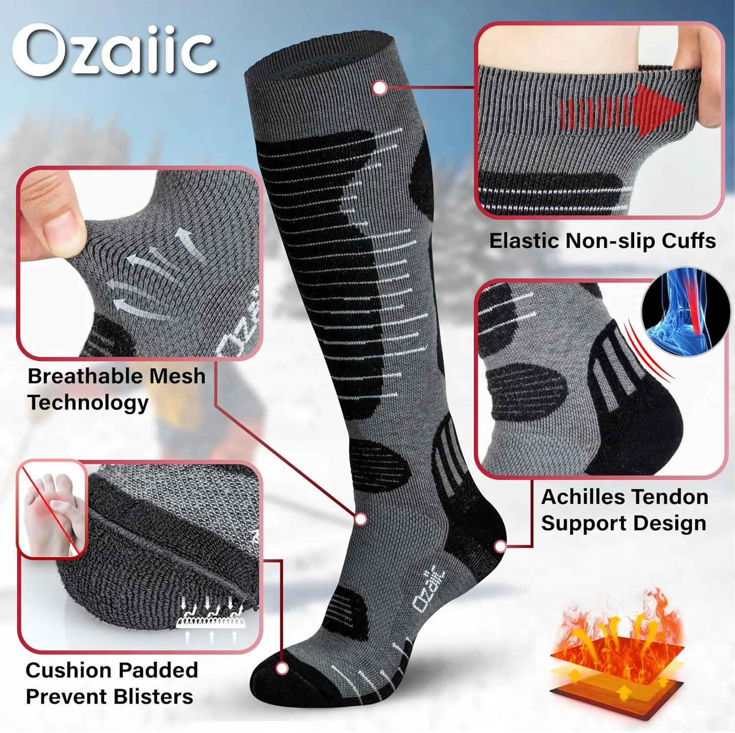 Merino Wool Ski Socks Mens Womens 2 Pairs for Skiing, Snowboarding, Thermal Knee High Winter Warm Sports Performance Socks