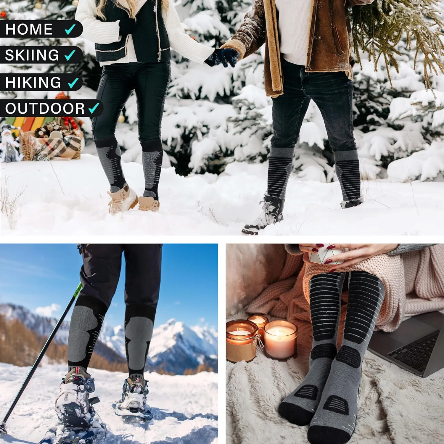 Merino Wool Ski Socks Mens Womens 2 Pairs for Skiing, Snowboarding, Thermal Knee High Winter Warm Sports Performance Socks