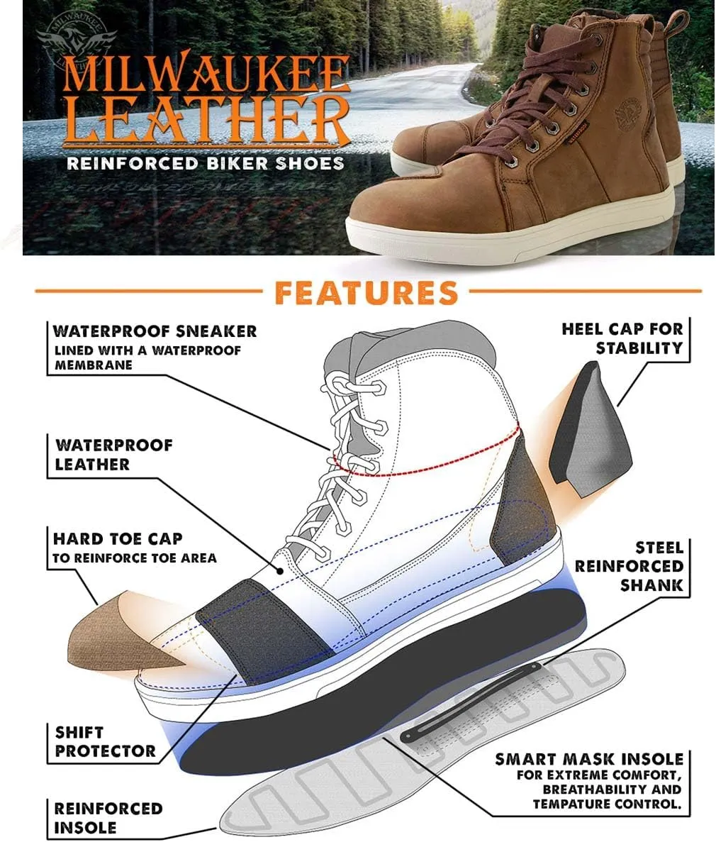 Milwaukee Leather MBM9113 Men's Brown Waterproof Leather Motorcycle Reinforced Riding Shoes w/Ankle Support - 8