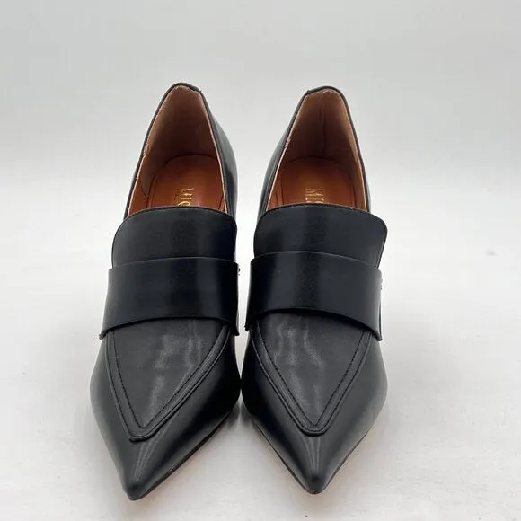 Miss Left Black Stiletto High Heel Loafer Pumps with Trim Closed Pointed Toe
