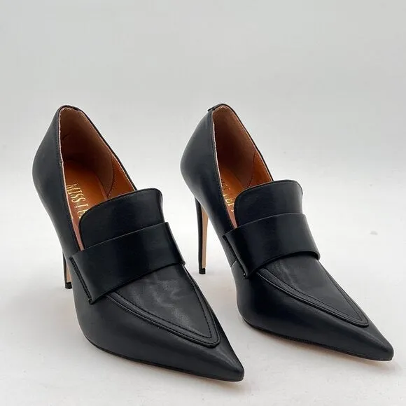 Miss Left Black Stiletto High Heel Loafer Pumps with Trim Closed Pointed Toe