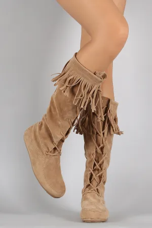 Moccasin Vegan Lace Up Professional assistance VIP offer Fringe Suede Cuff Boots